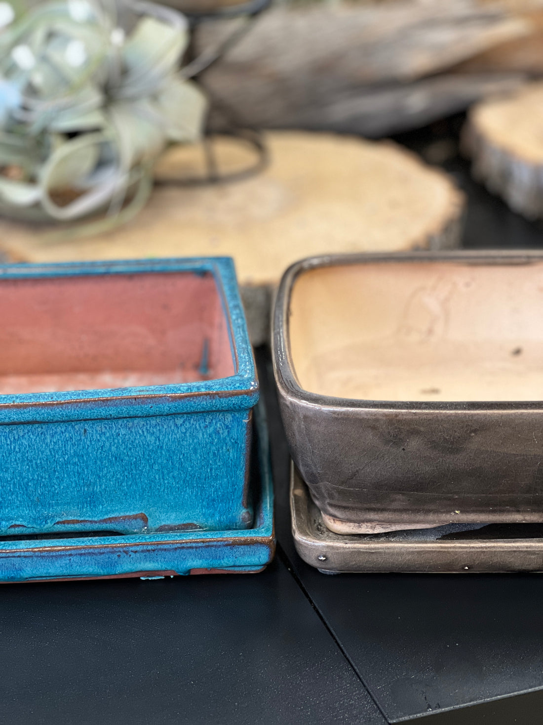 Bonsai plant pot glazed ceramic 9x7x3 blue and brown colours Bonsai Ottawa Shop