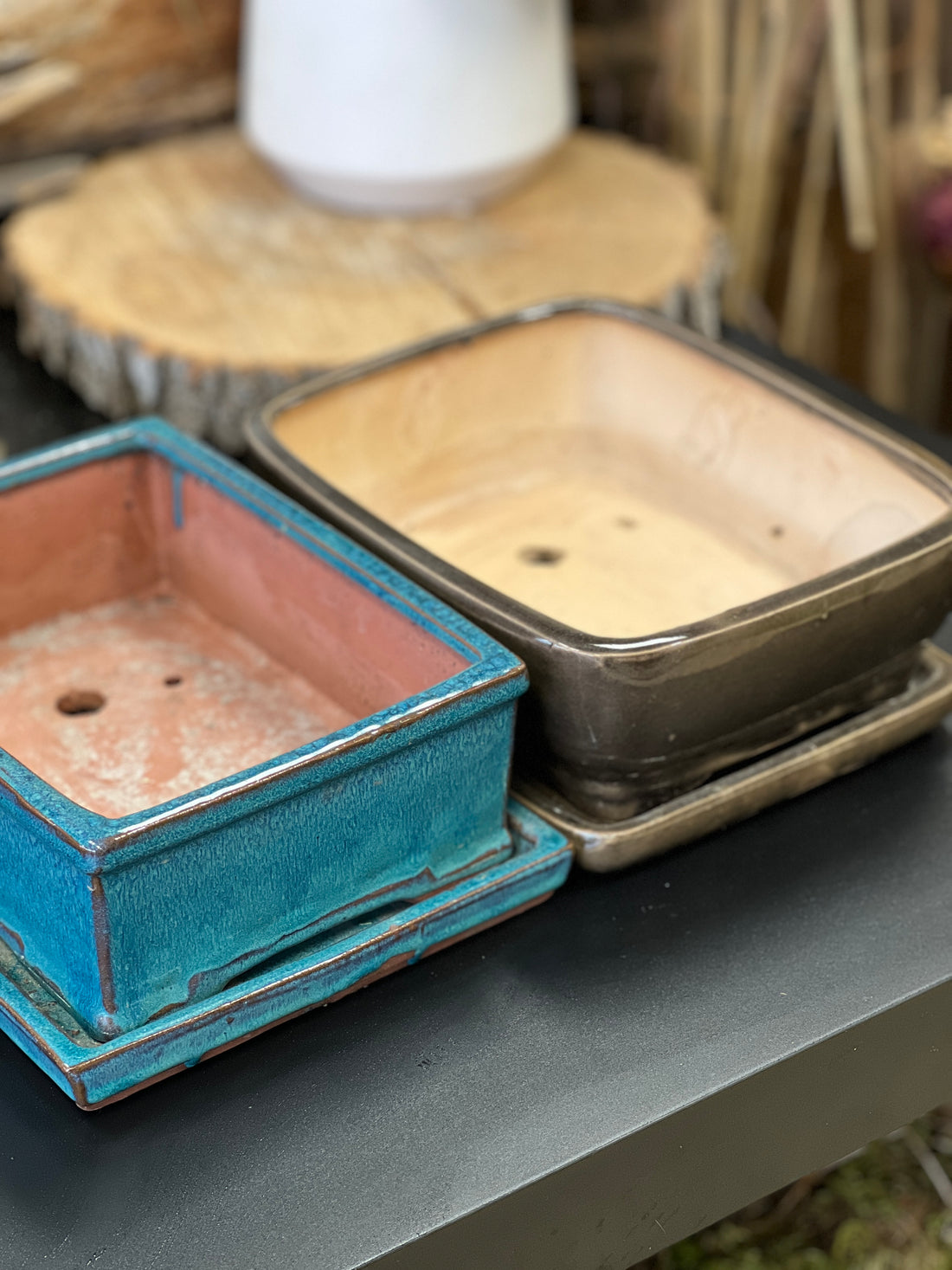Bonsai plant pot glazed ceramic 9x7x3 blue and brown colours Bonsai Ottawa Shop