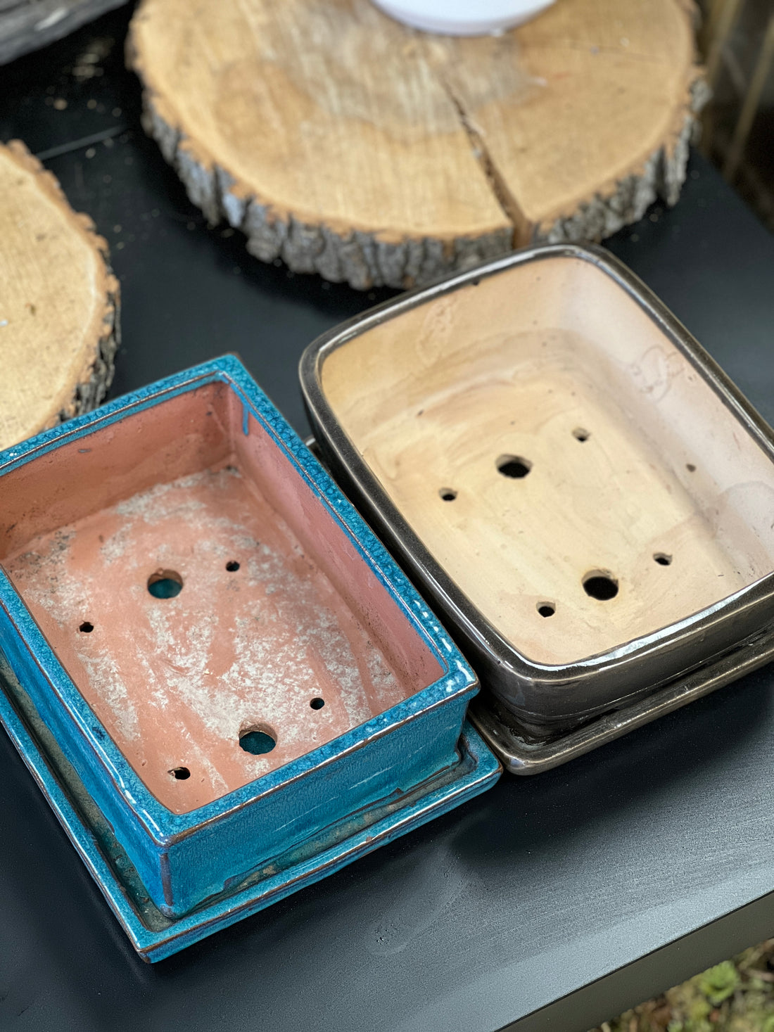 Bonsai plant pot glazed ceramic 9x7x3 blue and brown colours Bonsai Ottawa Shop