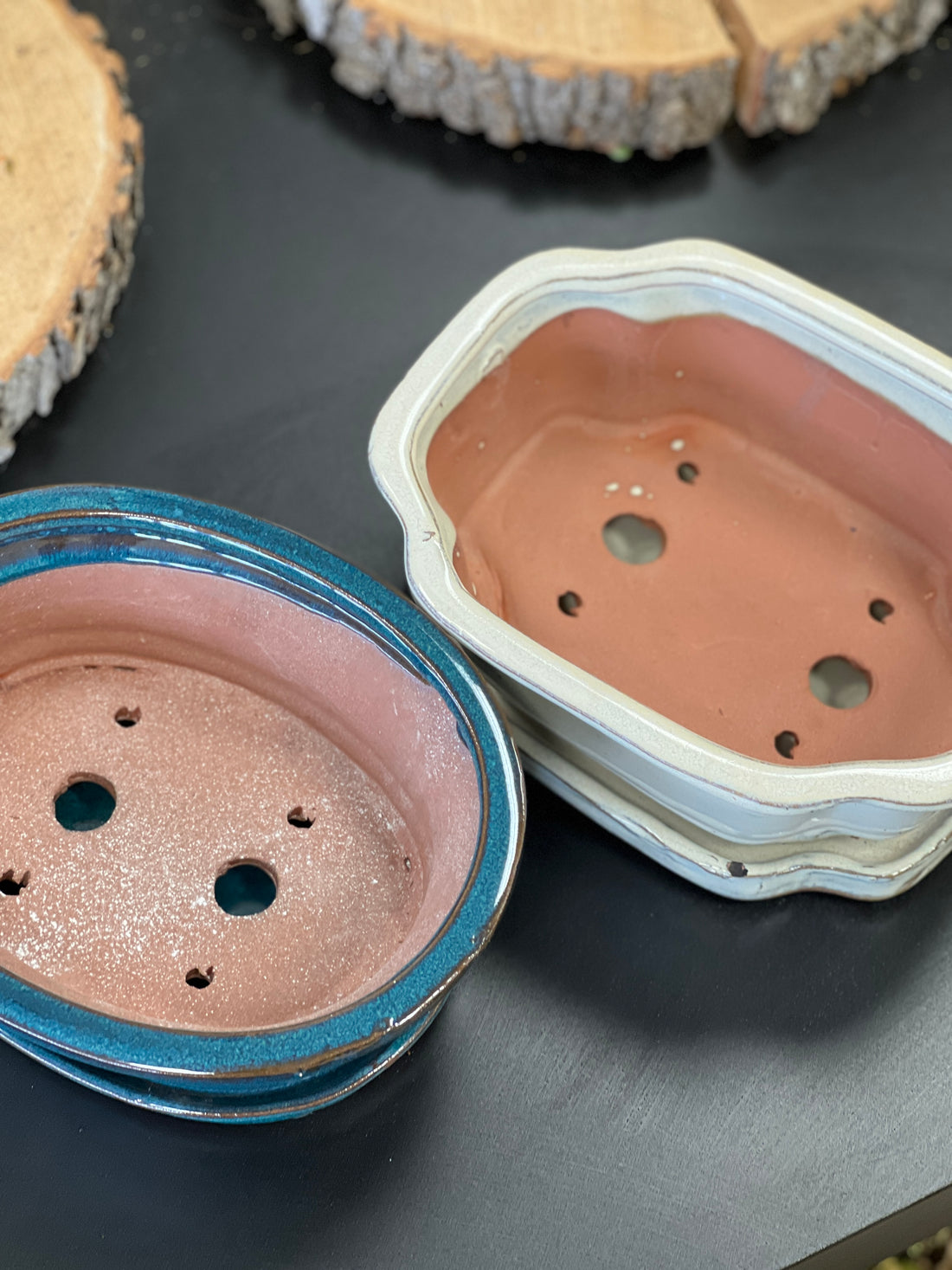 Bonsai Plant pot glazed ceramic white and blue 8x7x3"Bonsai Ottawa Shop