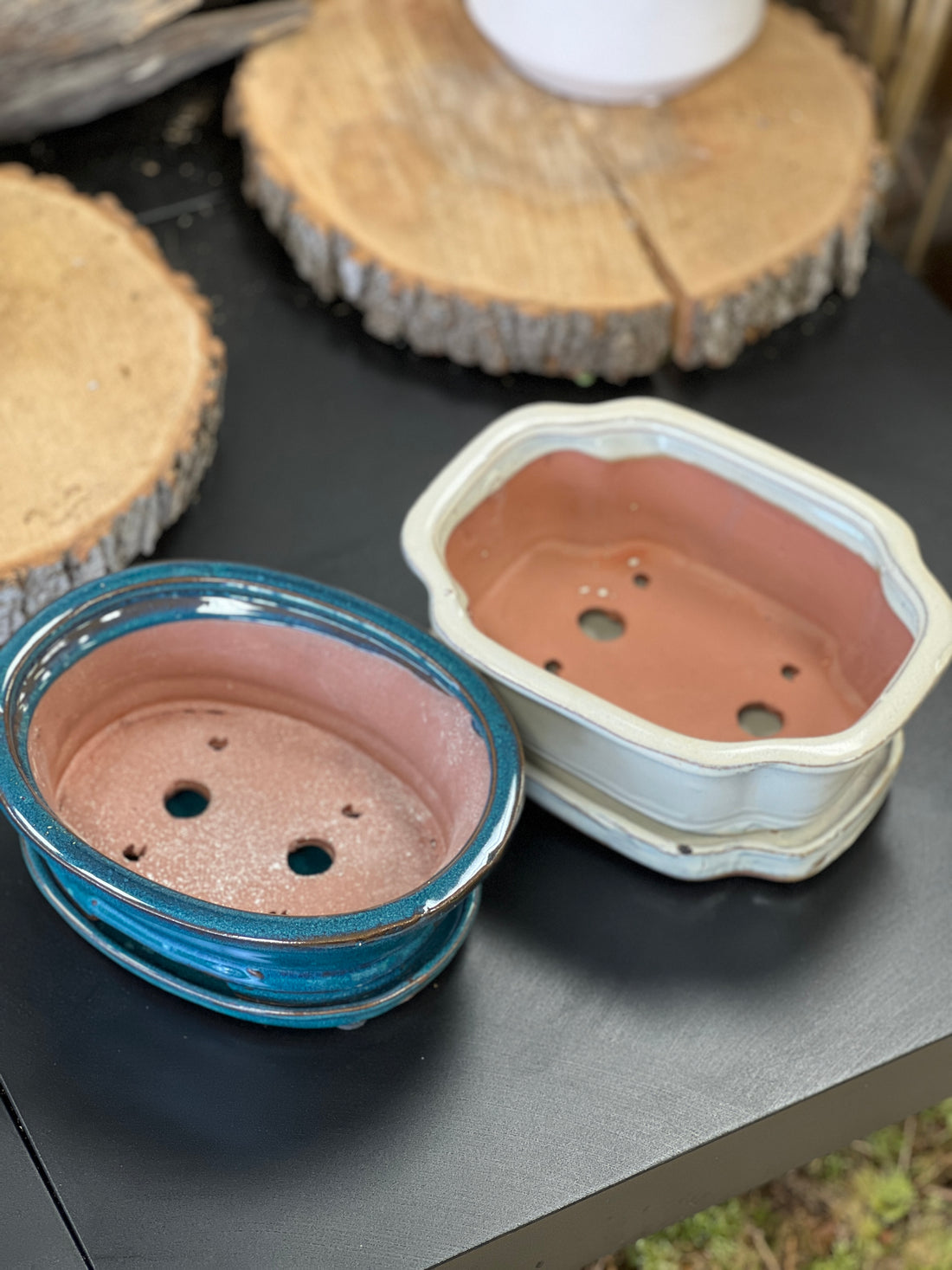 Bonsai Plant pot glazed ceramic white and blue 8x7x3"Bonsai Ottawa Shop