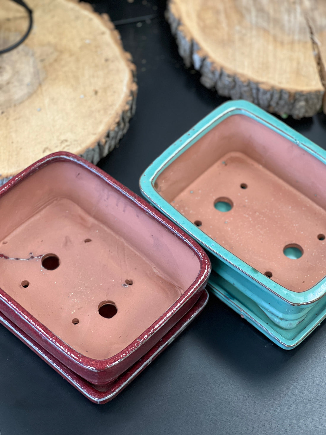 Bonsai plant pot glazed ceramic red and turquoise colours Bonsai Ottawa Shop