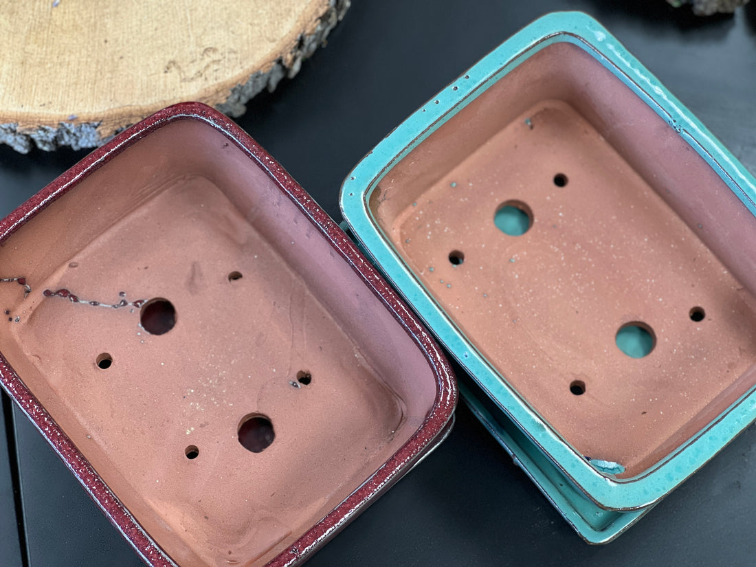 Bonsai plant pot glazed ceramic red and turquoise colours Bonsai Ottawa Shop