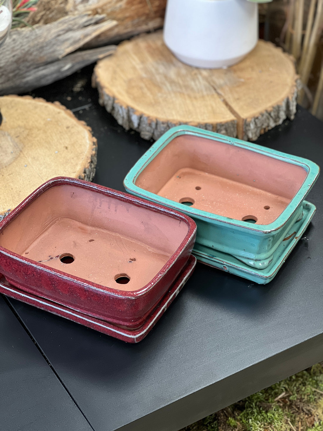 Bonsai plant pot glazed ceramic red and turquoise colours Bonsai Ottawa Shop