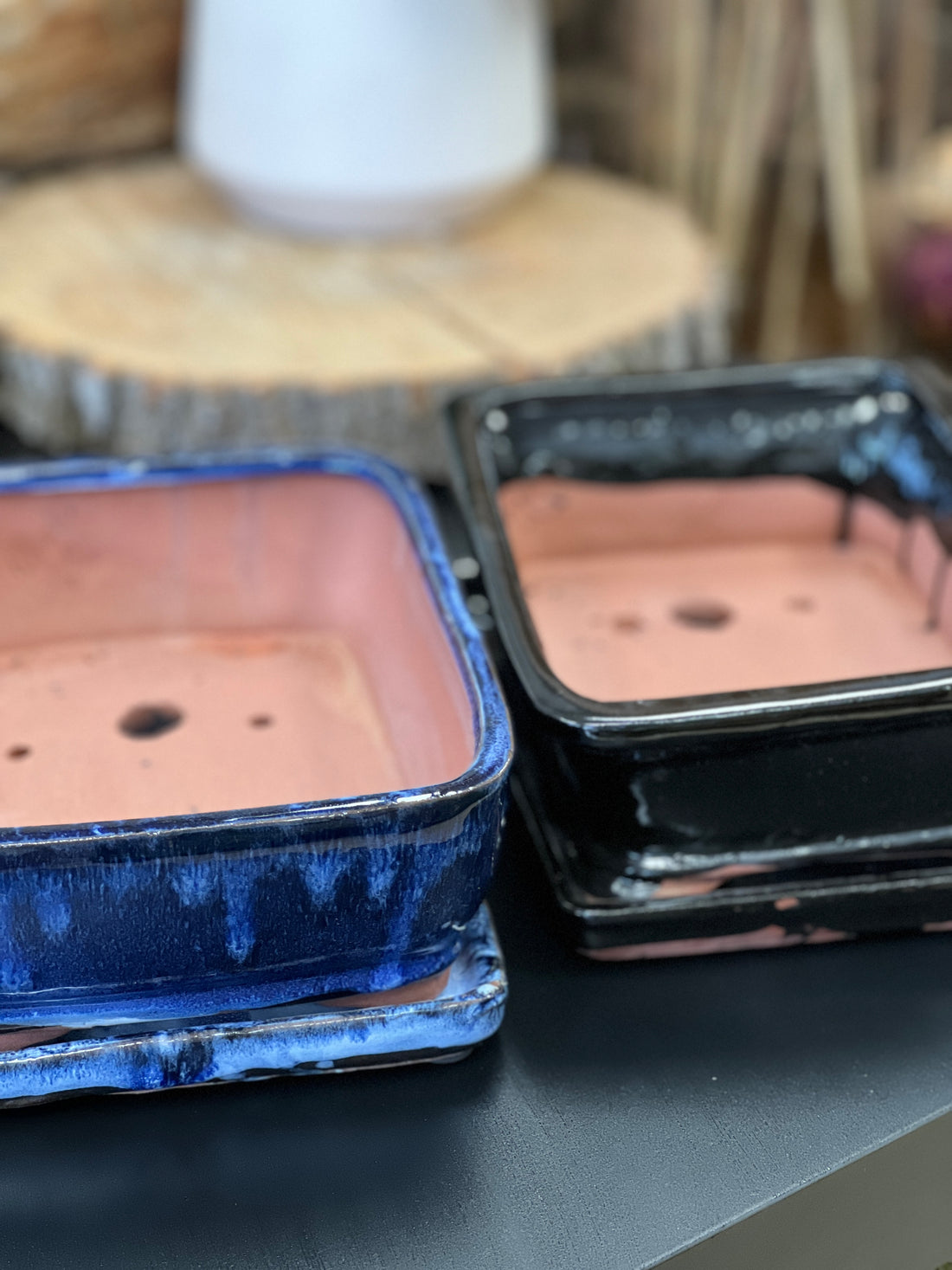 Bonsai plant pot glazed ceramic 8" Blue and black colours Bonsai Shop Ottawa