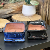 Bonsai plant pot glazed ceramic 8" Blue and black colours Bonsai Shop Ottawa