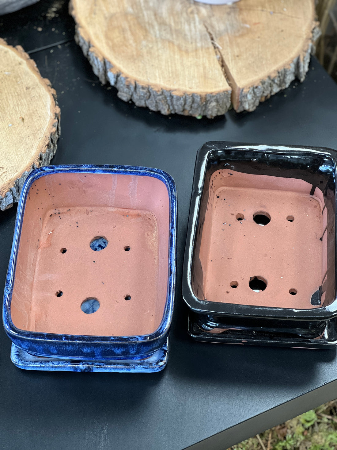 Bonsai plant pot glazed ceramic 8" Blue and black colours Bonsai Shop Ottawa