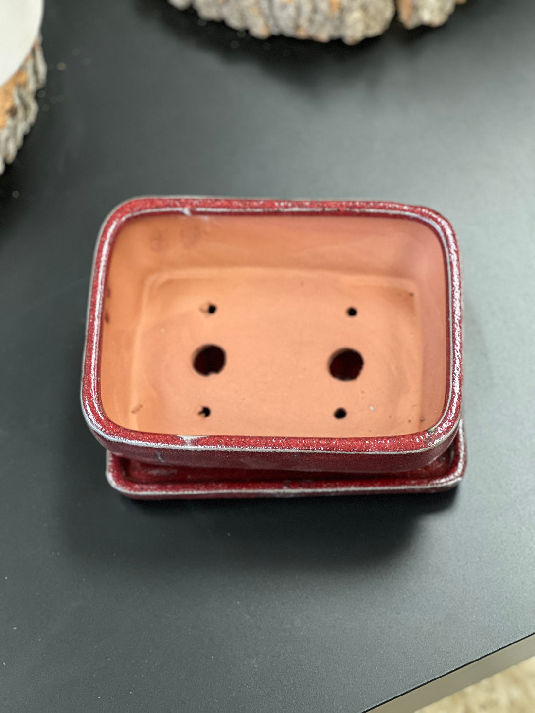 Bonsai plant pot glazed ceramic red and turquoise colours Bonsai Ottawa Shop