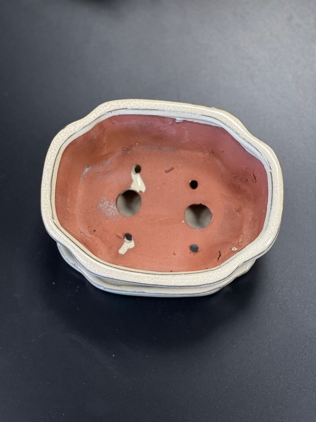 Bonsai plant pot glazed ceramic 7x6x3" White and blue colours Bonsai Ottawa Shop