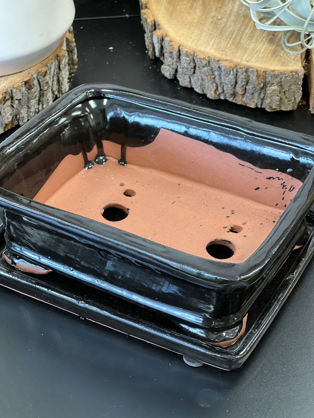 Bonsai plant pot glazed ceramic 8" Blue and black colours Bonsai Shop Ottawa