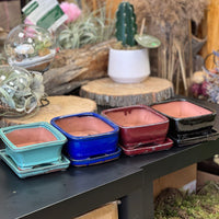 Ceramic glazed pots turquoise navy blue burgundy black 7x6x3" Bonsai Ottawa Shop Edit alt text