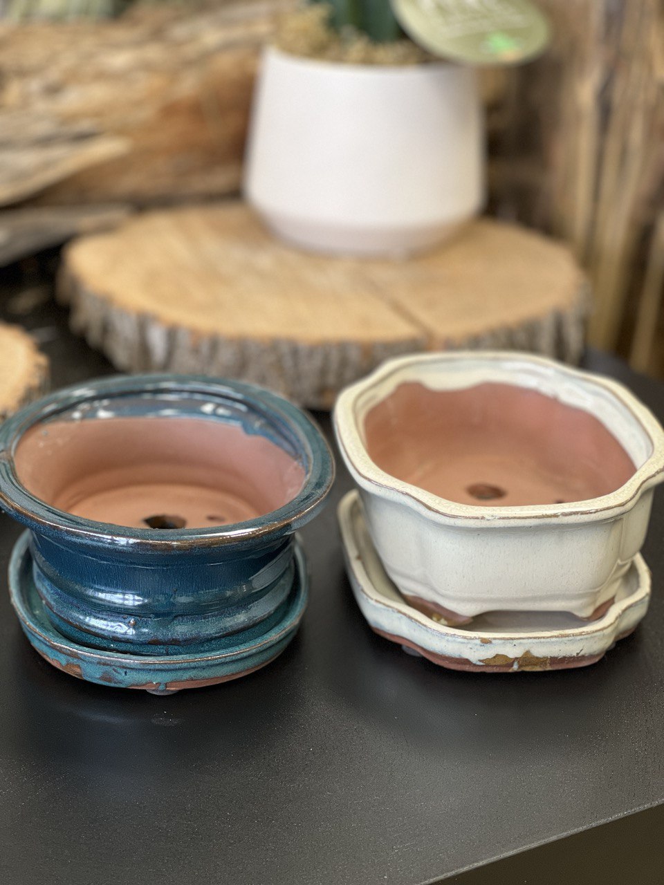 Bonsai plant pot glazed ceramic 7x6x3" White and blue colours Bonsai Ottawa Shop