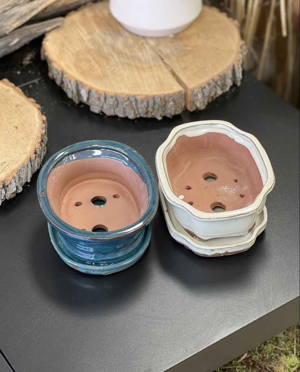 Bonsai plant pot glazed ceramic 7x6x3" White and blue colours Bonsai Ottawa Shop