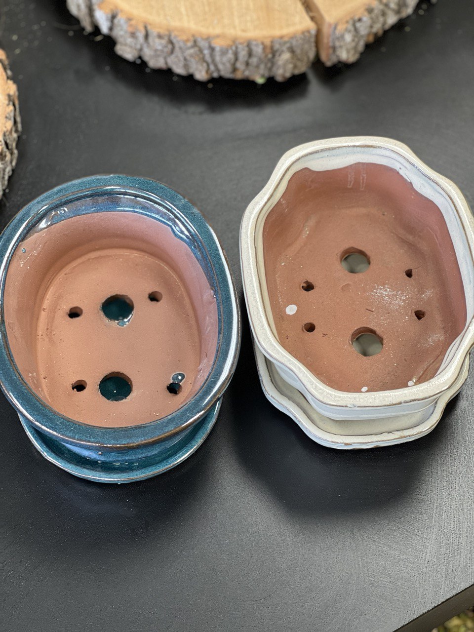 Bonsai plant pot glazed ceramic 7x6x3" White and blue colours Bonsai Ottawa Shop