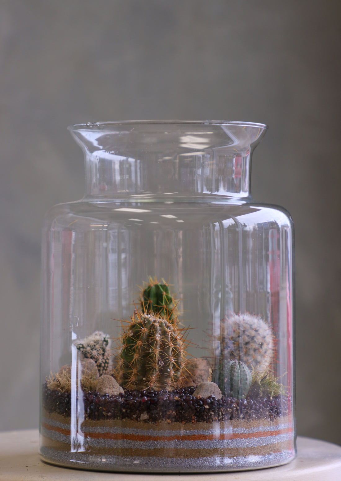 Tall clear glass terrarium filled with assorted small cacti, layered decorative sand, rocks, and pebbles, styled as a miniature desert landscape.