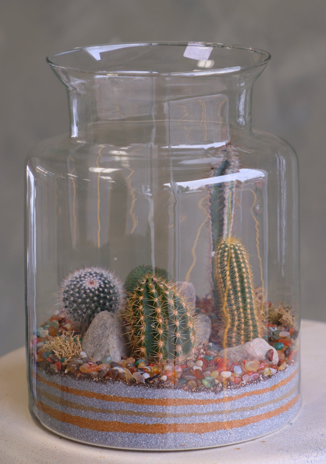 Tall clear glass terrarium filled with assorted small cacti, layered decorative sand, rocks, and pebbles, styled as a miniature desert landscape.