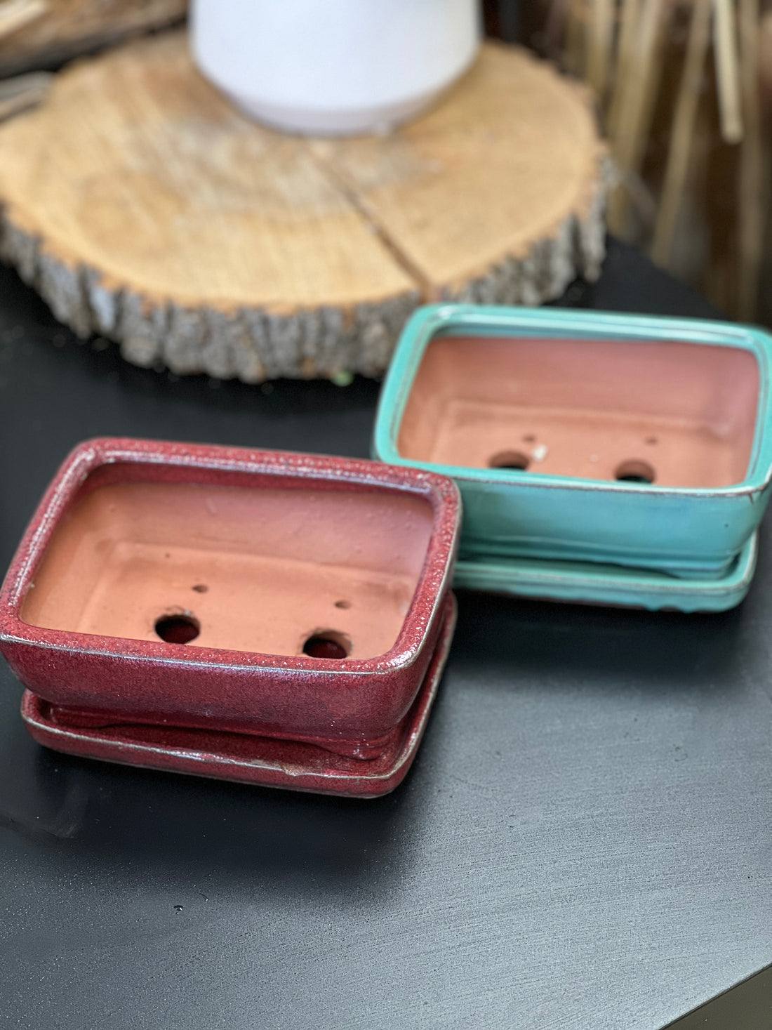 Bonsai plant pot glazed ceramic Size 6x5x3" colour red and turquoise Bonsai Ottawa Shop