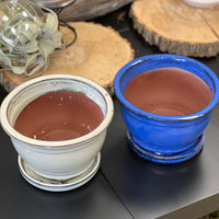 Refined bonsai plant pot glazed ceramic 8" white and blue colours Bonsai Ottawa Shop